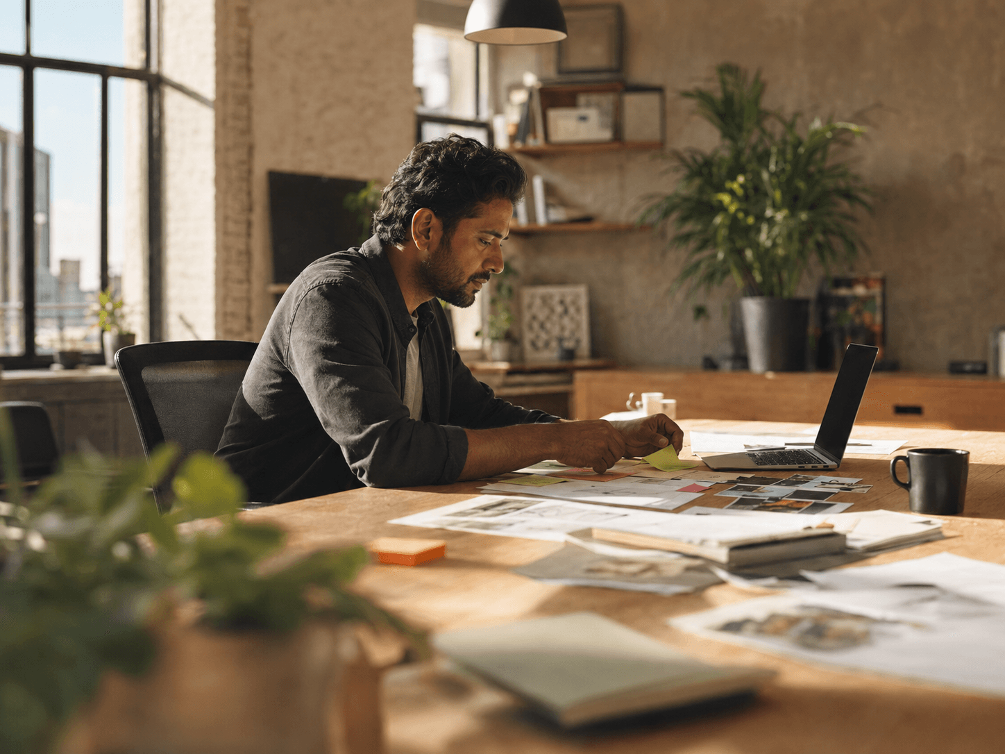 Startup founder planning a launch campaign at a modern workspace